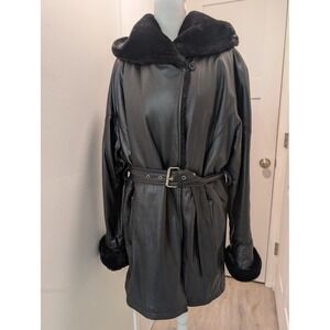Wilsons Black Leather Coat Jacket Partial Faux Fur Lining Hood Size Small